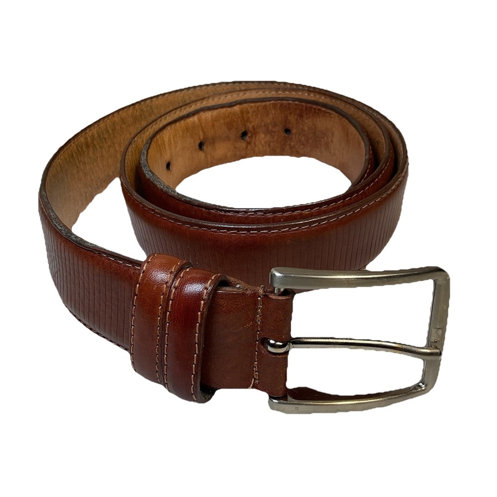 Men's Italian Leather Aponte Belt Brown Ribbed Silver Hardware 43.5" Long (XL*)